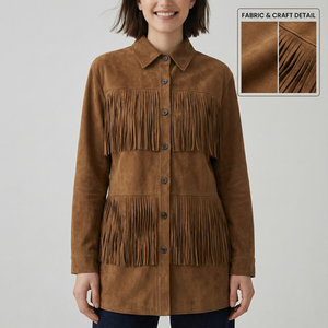 <strong>Women</strong> Vintage Brown Faux Suede Fringe Jacket Western Cowgirl Style Long Sleeve Button Down Tassel Shacket Coat - Product Image 1