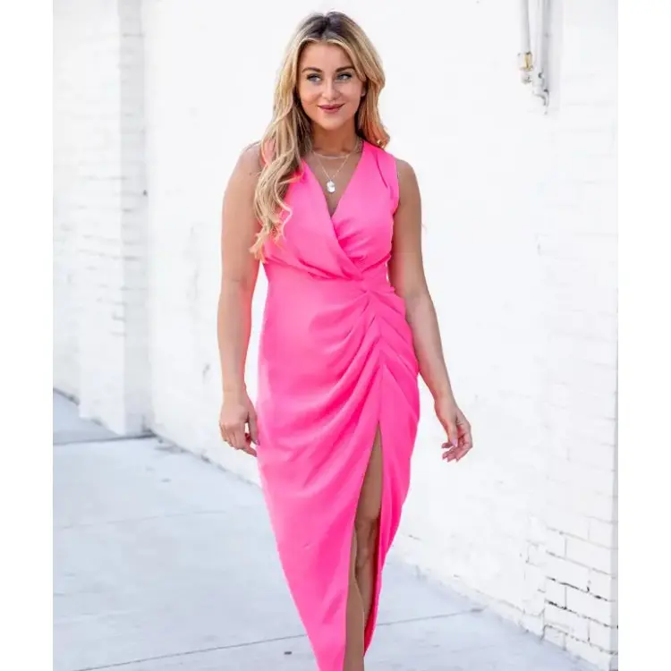 Wholesale casual business ladies v neck slit long fitted sleeveless elegant dresses women clothes