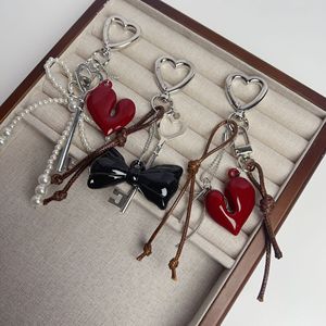 Sweet Red Heart Keychain Handmade Beaded Bow Rope Key Chain Bag Purse Phone Strap Charms Ornament Accessories Y2k Bow Key Ring