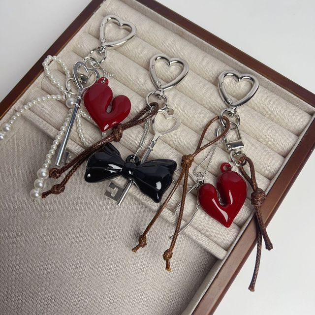Sweet Red Heart Keychain Handmade Beaded Bow Rope Key Chain Bag Purse Phone Strap Charms Ornament Accessories Y2k Bow Key Ring