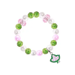 Pulseiras de contas com strass rosa e verde para mulheres, pingente de letras gregas, pingente elástico de irmandade