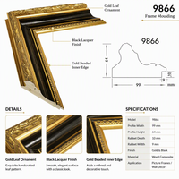 Moulure de cadre photo en pin massif 64x99mm, noire et or, style baroque, en bois gaufré, pour peinture à l'huile et décoration murale de galerie