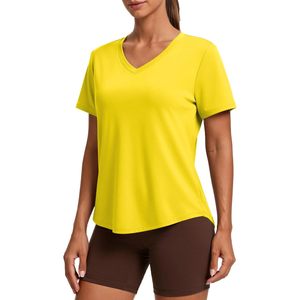 Womens Hiking Shirt Short Sleeve V Neck UPF 50 Sun Protection Moisture Wicking Quick Dry Outdoor Athletic <b>Top</b> Yellow - Product Image 1