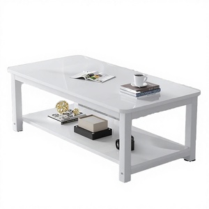 Table basse rectangulaire moderne en panneau synthétique avec étagère de rangement pour salon, finition blanche, structure en fer, design minimaliste - Product Image 2