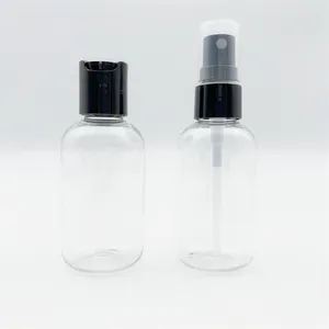 Embalaje cosmético para el cuidado de la piel redondo transparente vacío 20mm viaje 75ml botella de plástico PET con tapa superior de disco negro rociador de niebla