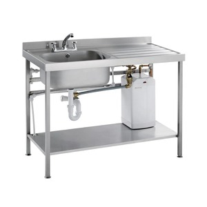 Plan de travail de préparation alimentaire robuste en acier inoxydable entièrement assemblé avec égouttoir à droite, autoportant, finition polie - Product Image 1