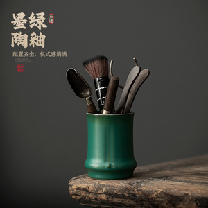 Retro Ceramic Tea Set With Six Essential Tools Dark Green Pottery Tea Ceremony Complete Brewing Kit - Product Image 4