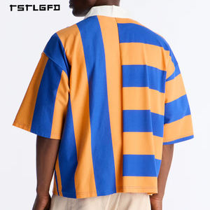 T-shirts pour hommes de haute qualité personnalisés à rayures bleues et orange OEM/ODM Streetwear à manches courtes en coton avec impression graphique Vintage - Product Image 3