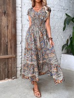 Robe longue décontractée pour femme, col en V, manches courtes, imprimé floral géométrique, taille haute, coupe trapèze fluide
