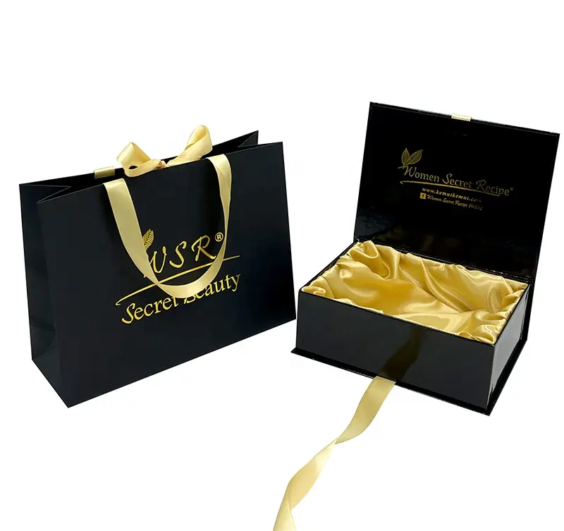 실크 안감 새틴 인서트와 리본이 있는 럭셔리 블랙 마그네틱 선물 상자, 종이 가방이 있는 선물 상자, 나만의 로고가 있는 종이 가방