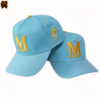 Casquette bleu ciel avec logo personnalisé, emblème brodé or, fabrication de casquettes en gros