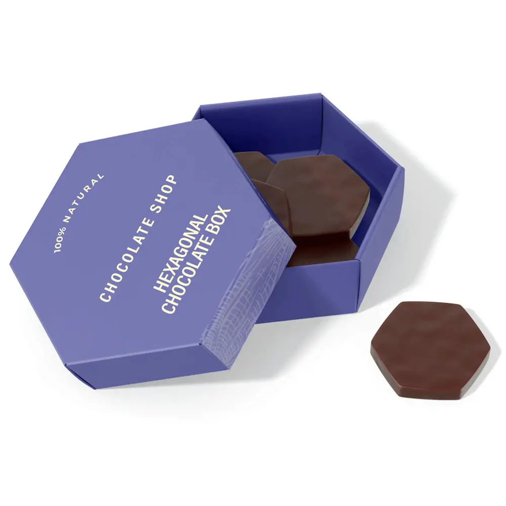 Фиолетовая Шестигранная коробка, сублимированный, для конфет, роскошная упаковка для даты, лучшая коробка для шоколада на заказ