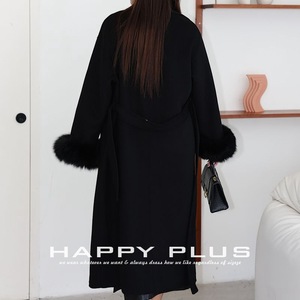 Abrigo largo de lana para mujer Happy Plus con puños de piel, talla grande, ropa de abrigo de invierno, negro, largo completo, abrigo cálido para mujer - Product Image 1