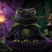 Peluche de grenouille vampire gothique personnalisée, animal en peluche effrayant avec cape noire pour décoration d'Halloween et boutique de cadeaux style sombre