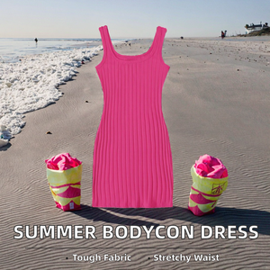 Women's Sleeveless Solid Color Rib-Knit Bodycon Mini Dress Elastic Fit Breathable England Style for Spring Casual Simple Style - Product Image 2