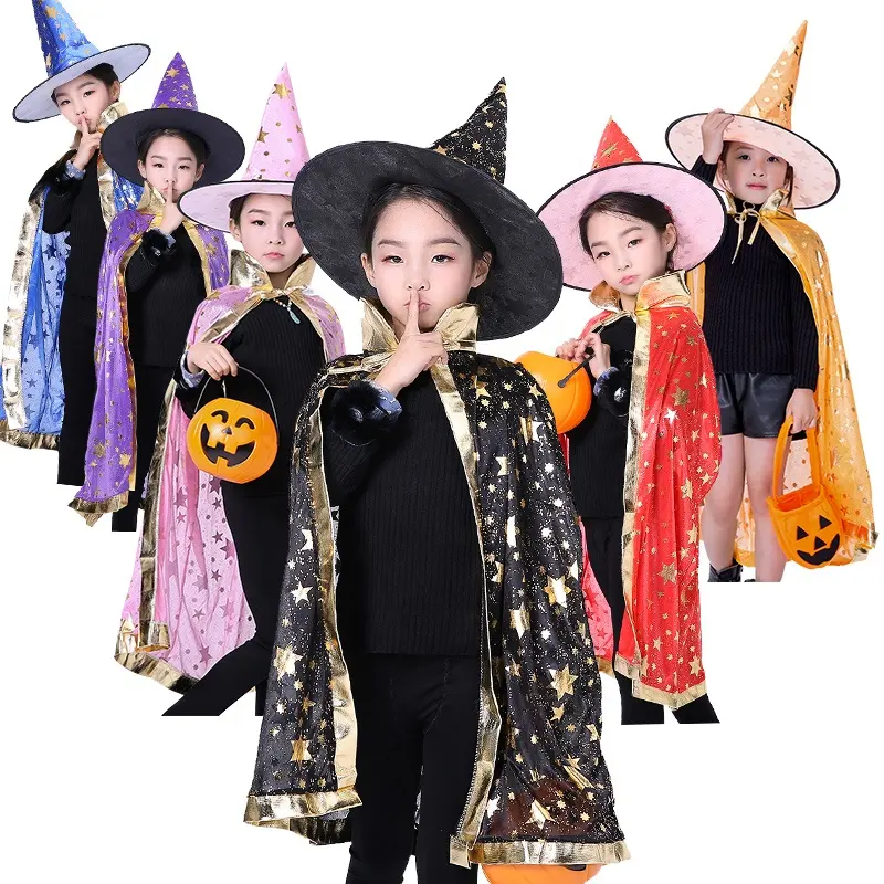 Jubah penyihir kostum Halloween dengan topi, jubah penyihir pola bintang emas uniseks, permainan peran anak-anak
