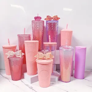 Customize Logo 24 16 oz Double Wall Pink Black Red Blue Bling Glitter Studded Plastic Coffee Tumbler Cup with Lid Straw