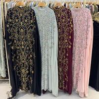Robe de soirée Kaftan en velours brodé de perles, fabriquée à la main, style ODM Moyen-Orient Dubaï, robe longue modeste musulmane pour femmes, pour l'Aïd et les mariages