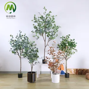 Árbol de eucalipto con maceta de plástico, plantas de plástico de imitación y dólar de plata, árbol de eucalipto Artificial para Decoración