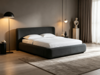 Lit plateforme FERLY écologique avec système de support à lattes, cadre en bois et tissu moderne, mobilier de chambre à coucher