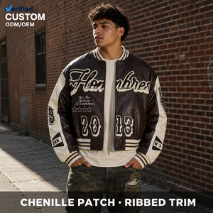 Chaquetas Personalizadas de <span class=keywords><strong>Cuero</strong></span> Sintético Marrón, Estilo Varsity, con Cierre, Bordado Chenille y Parches, para <span class=keywords><strong>Hombre</strong></span>, Estilo Universitario Retro - Product Image 1