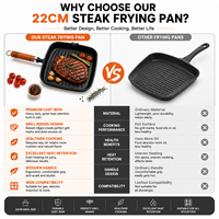 Poêle à griller carrée en fonte côtelée avec poignée en bois, antiadhésive, pour steak, avec bec verseur, pour barbecue, cuisine domestique et camping