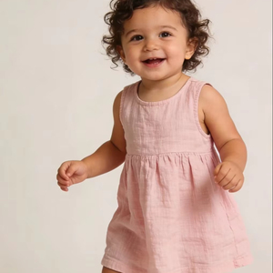 Vestito Estivo per Bambina in Lino e Cotone Senza Maniche - Abito Casual con Schiena a V e Gonna Plissettata - Product Image 1