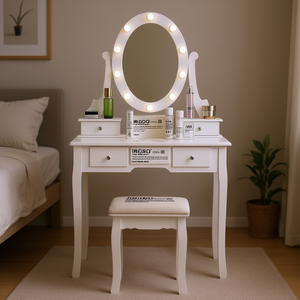 Juego de tocador de maquillaje FCH, mesa de tocador de madera blanca con espejo y taburete con cajones de almacenamiento - Product Image 2