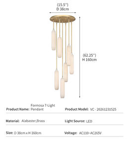 Lustre moderne en albâtre, décoration d'escalier d'hôtel de luxe, cascade de tubes en pierre naturelle, laiton, LED, Formosa, suspension à 7 lumières - Product Image 4