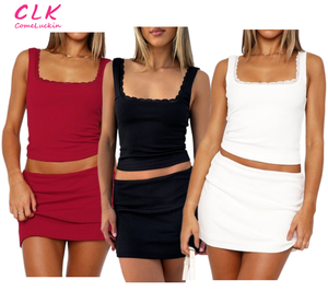 Camisola de encaje para mujer, superventas de primavera, cuello cuadrado, Top picante para chica, color sólido, conjunto de falda corta para abrazar la cadera, conjunto informal de dos piezas - Product Image 1