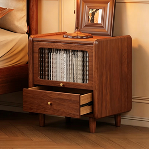 Premium <b>Walnut</b> Solid Wood Nightstand Mid-century Style Fluted Glass Door with <b>Drawer</b> Storage Bedroom Furniture Stable Short Legs - Product Image 2
