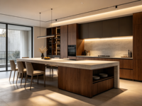 Îlot de cuisine moderne sur mesure avec plaque de cuisson à induction intégrée, table à manger intégrée et plan de travail en pierre frittée