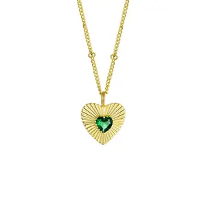 Simple Women Luxury Gemstone Design Women Beads Chain Gold Love Heart Emerald Zircon Pendant Necklace