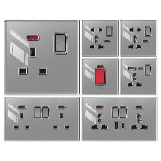 KSQ Factory Price Tempered Glass Panel 86mm EU/UK Grey USB Type c Charge Outlets 1 2 Gang Light Electric Wall Switch and Socket