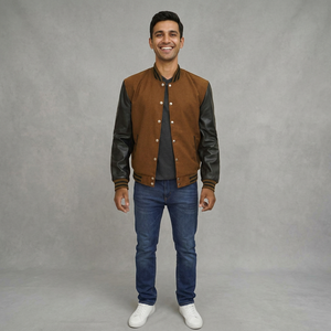 High Quality Black Varsity Jackets for Men Stand Collar <b>Woolen</b> Fabric Casual Style Front CollegeBaseballjacket for men - Product Image 1
