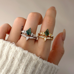 Vintage Style Fine Jewelry Brass Classic <b>Stack</b> <b>Ring</b> 18k Gold Plated Engagement Wedding Moss Agate <b>Rings</b> for Women - Product Image 4