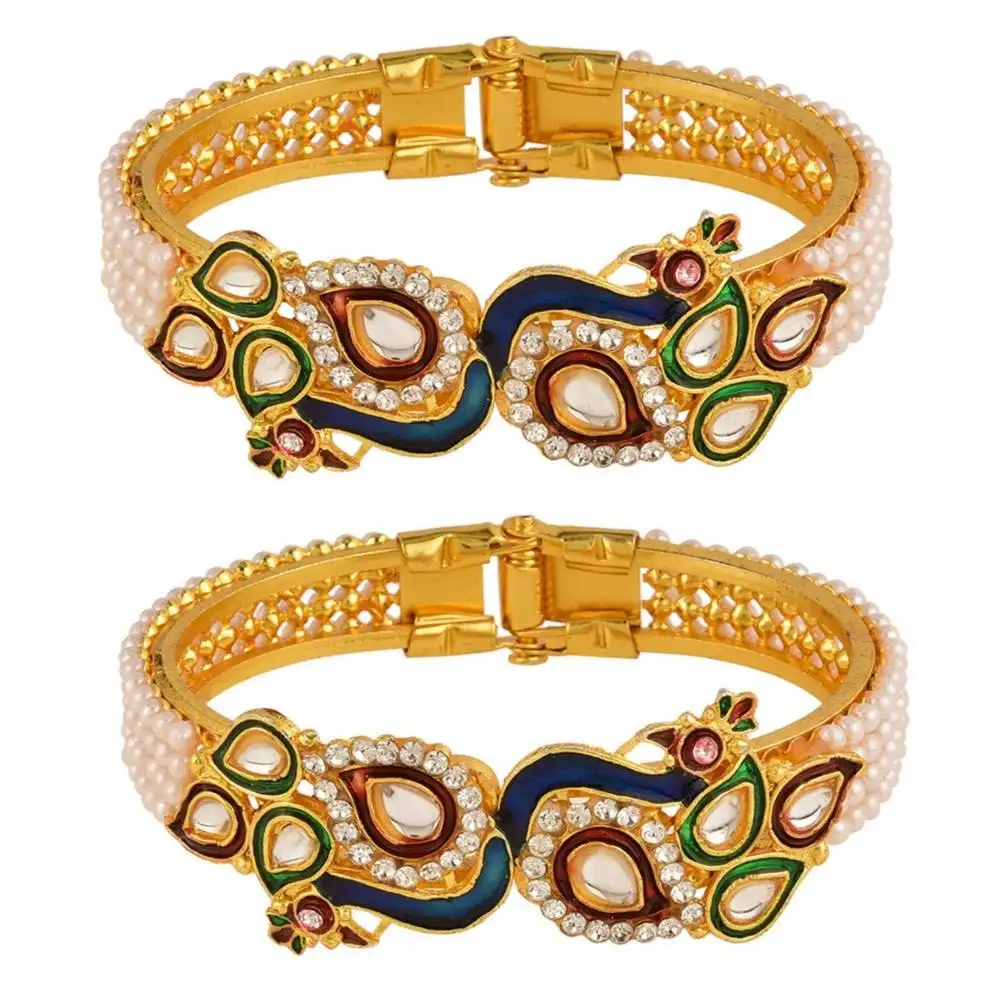 Estilo indio Bollywood antiguo tradicional 14 K chapado en oro esmalte Pavo Real nupcial (2 Pc) pulsera de brazalete