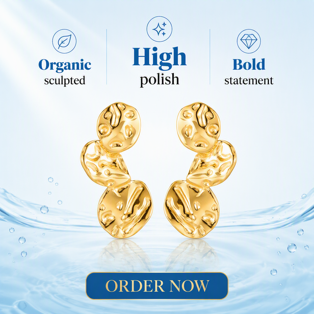 Sculptural Triple Circle Gold Drop Earrings Stainless Steel Hammered Molten Texture Avant-Garde Designer Statement Jewelry