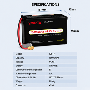 Batterie de drone intelligente haute capacité 285Wh/Kg 44.4V 16000mAh 5C pour photographie aérienne UAV, connecteur personnalisé OEM - Product Image 2