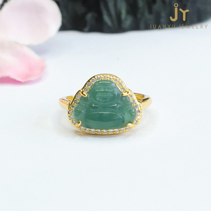 Laughing Buddha Adjustable Ring - Gold Plated Green Jade Lucky Buddha Jewelry