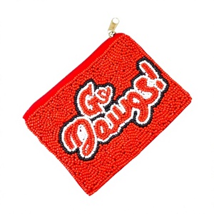 Beaded Coin Purse Red Letter Design Handmade Zipper Closure Cartoon Style Unisex Mini Size - Product Image 1