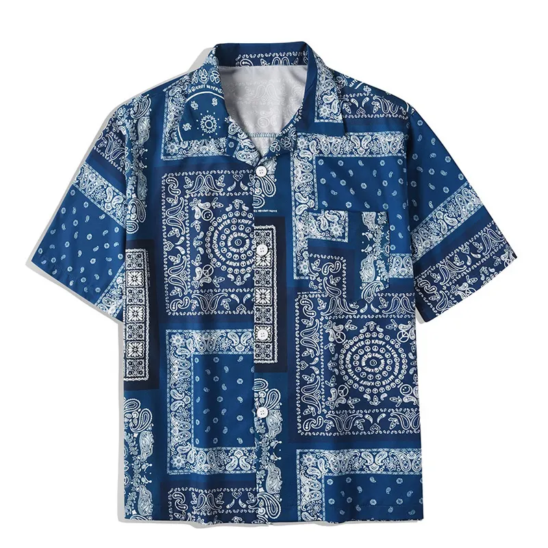 Fashion Custom Men's Floral Casual Short Sleeve Button Down Bandana Paisley Printed T Shirt