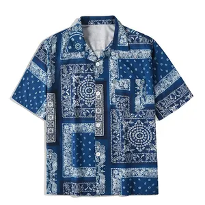 Camiseta de manga corta con estampado Floral para hombre, camisa masculina Casual con estampado de Cachemira y Bandana con botones a la moda