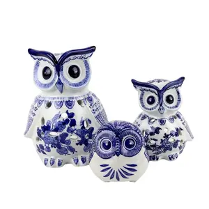 RZTO14-15-16 azul e branco porcelana artesanato clássico, decoração de coruja para móveis, decoração de cerâmica