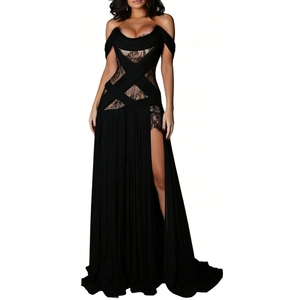 Robe de soirée longue sexy pour femme, épaules dénudées, en dentelle, avec bretelles croisées, robes de soirée formelles tendance - Product Image 4