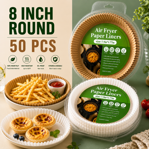 Papel de Hornear Ecológico Desechable para <span class=keywords><strong>Freidora</strong></span> de Aire, 8 Pulgadas, 50 Hojas, Blanco y Marrón, Antiadherente, para Galletas, Venta al por Mayor - Product Image 1
