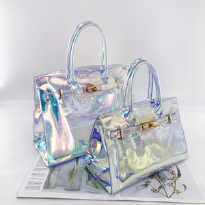 custom low moq prints new fashion clear waterproof plastic colorful laser PVC shopping bag tote beach handbag for women