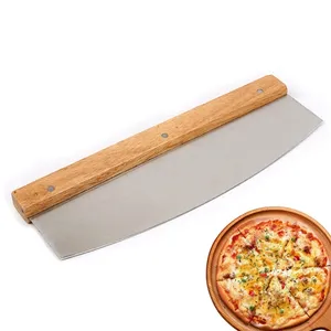 Pemotong Pizza Stainless Steel, Pegangan Kayu Scraper Kue Roti Bulat Pisau Melengkung Tajam Rocker Blade Pizza Alat Memanggang