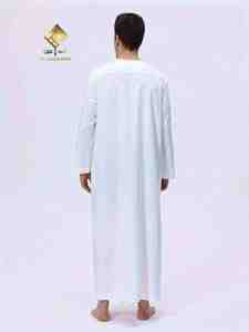 Al Haramain <b>Men's</b> White Cotton <b>Thobe</b> Round Neck Long Sleeve Floor Length Prayer Robe Modest Solid Design Breathable Regular Fit - Product Image 4
