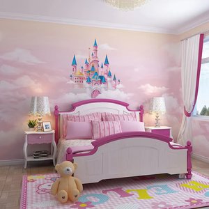 Tranh dán tường trang trí phòng trẻ em gái, hình hoạt hình động vật dễ thương, bầu trời hồng, sao, lâu đài, in 3D thân thiện với môi trường - Product Image 1